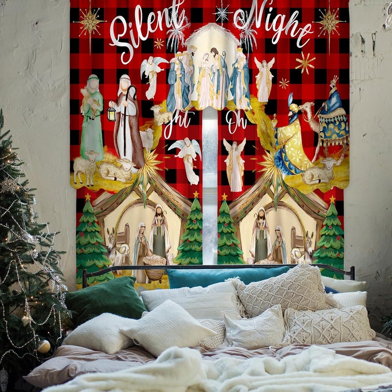 FuWeave Christmas Kitchen Curtains 3 Piece Set Nativity Window Curtains and Valance Set Xmas Curtain Swag for Kitchen Bedroom Living Room Decor, 60 x 36 Valance, 36 x 30 Tier - Image 5